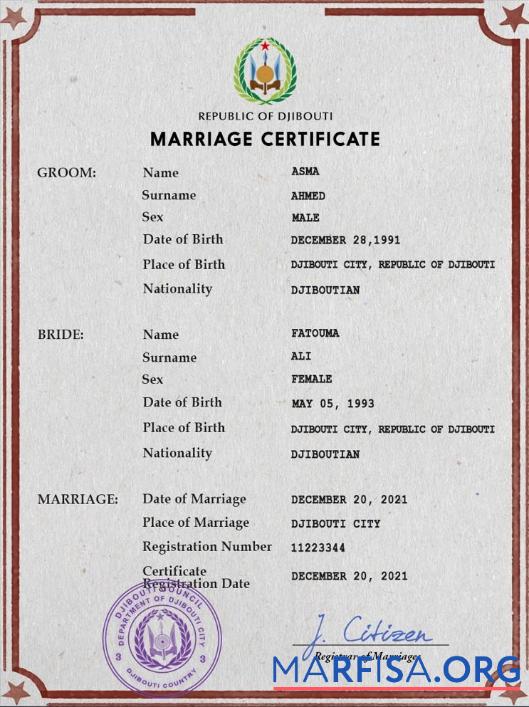 Printable Djibouti marriage certificate PSD template